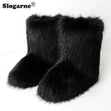 2024 Women Winter Fluffy Fur Boots Woman Furry Snow Boots Plush Warm Outdoor Footwear Girls Luxury Faux Fox Fur Platform Shoes