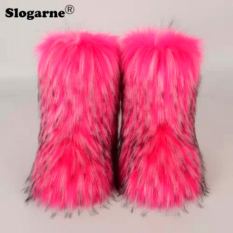 2024 Women Winter Fluffy Fur Boots Woman Furry Snow Boots Plush Warm Outdoor Footwear Girls Luxury Faux Fox Fur Platform Shoes