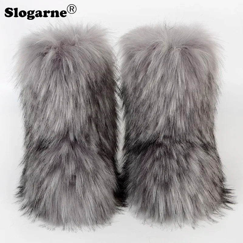 2024 Women Winter Fluffy Fur Boots Woman Furry Snow Boots Plush Warm Outdoor Footwear Girls Luxury Faux Fox Fur Platform Shoes