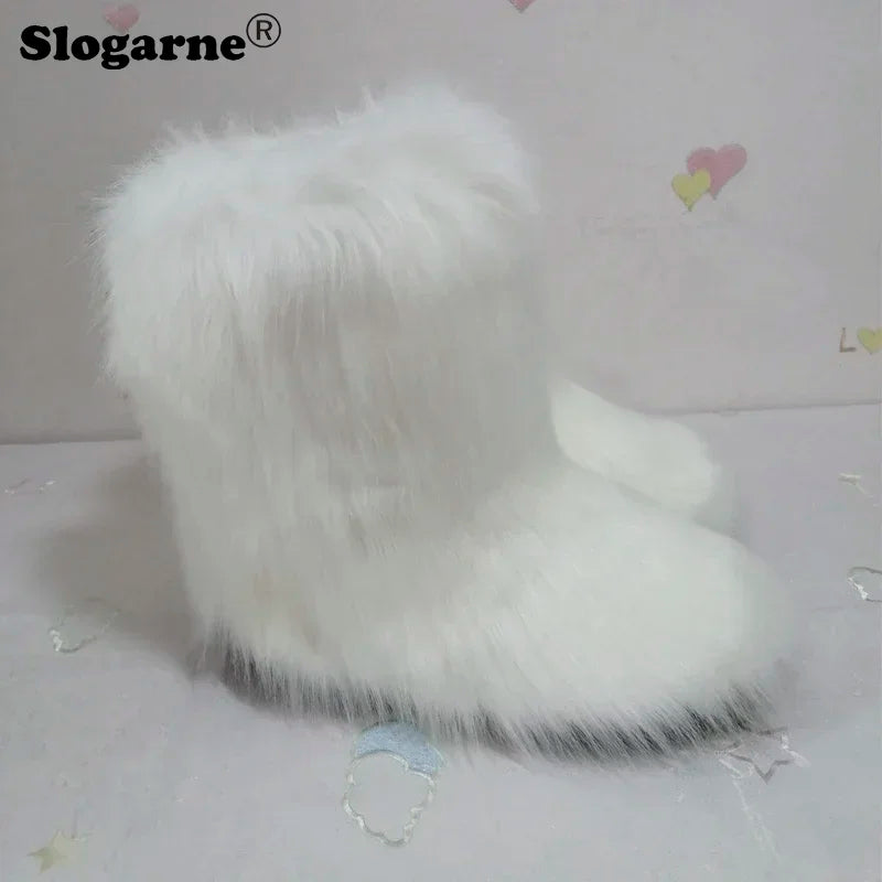 2024 Women Winter Fluffy Fur Boots Woman Furry Snow Boots Plush Warm Outdoor Footwear Girls Luxury Faux Fox Fur Platform Shoes