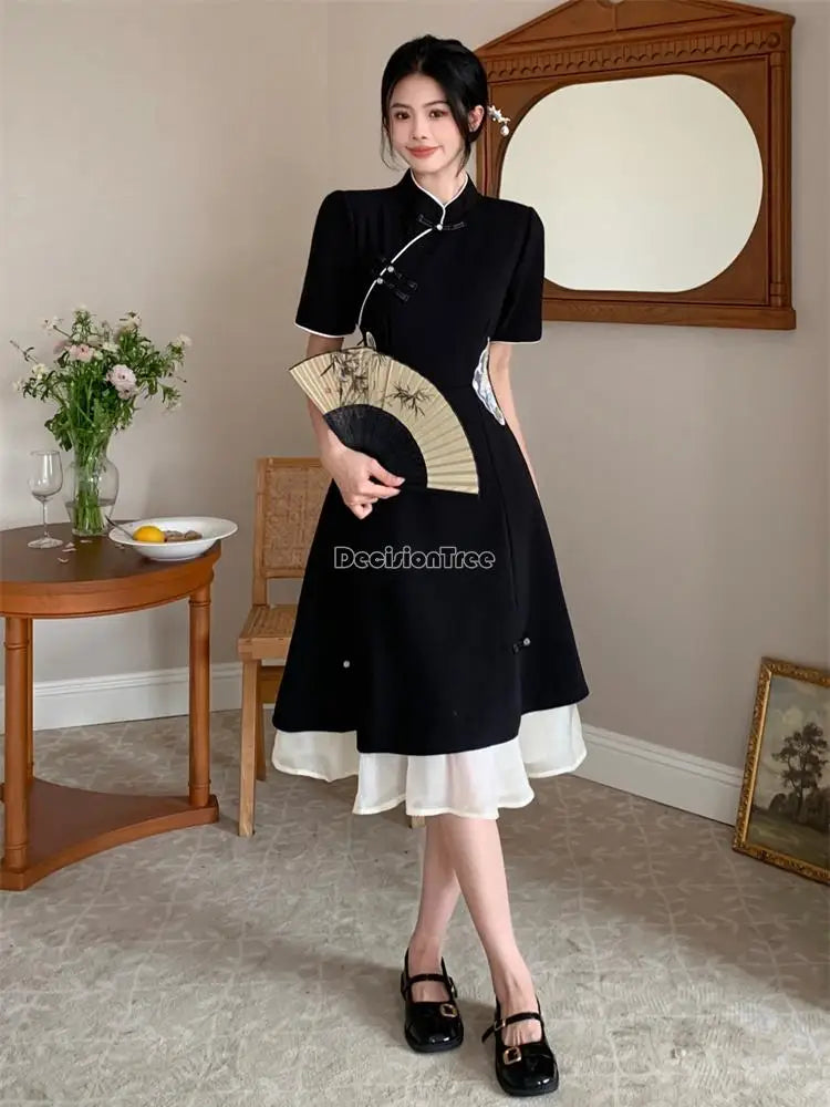 2024 chinese improved hanfu cheongsam dress women a line qipao new fashion style short sleeve casual daily lady cheongsam dress