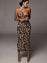 2024 leopard print sleeveless V-neck sexy midi dress spring women fashion streetwear Christmas party outfits