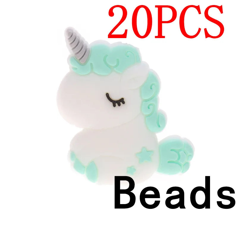 20pc Cute Unicorn Silicone Animal Teether Beads BPA Free Baby Teething Necklace DIY Newborn Chewable Pacifier Chain Shower Gifts