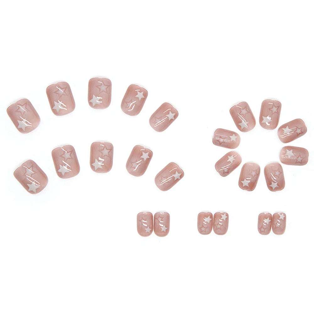 24pcs Gradient False Nails Cute Star Printed Design Fake Nail Short Square Faux Ongles Manicure Nail Stickers Press On Nail Tips