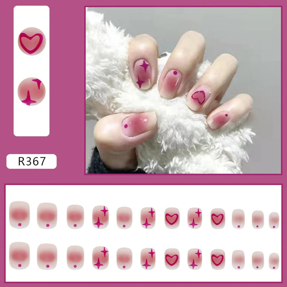 24pcs Gradient False Nails Cute Star Printed Design Fake Nail Short Square Faux Ongles Manicure Nail Stickers Press On Nail Tips