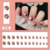 24pcs Gradient False Nails Cute Star Printed Design Fake Nail Short Square Faux Ongles Manicure Nail Stickers Press On Nail Tips