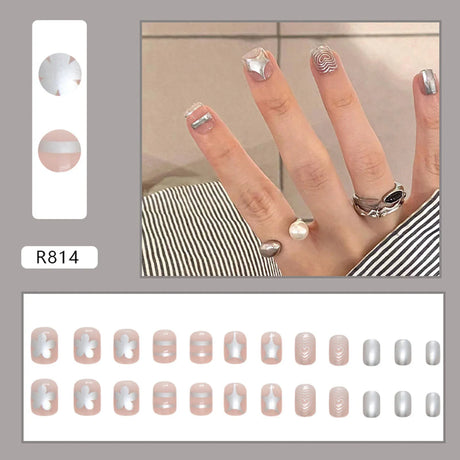 24pcs Gradient False Nails Cute Star Printed Design Fake Nail Short Square Faux Ongles Manicure Nail Stickers Press On Nail Tips