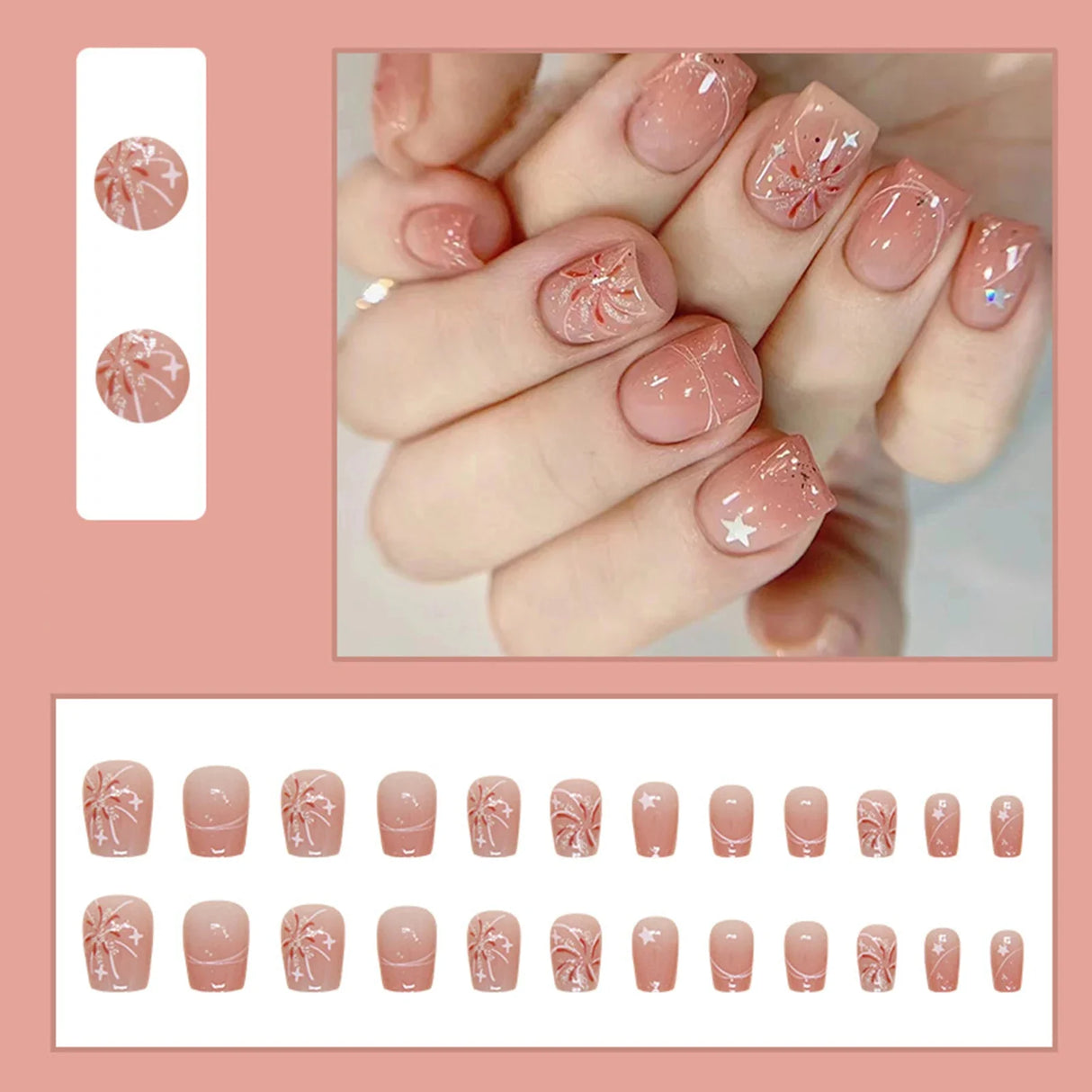 24pcs Gradient False Nails Cute Star Printed Design Fake Nail Short Square Faux Ongles Manicure Nail Stickers Press On Nail Tips