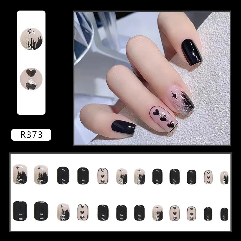 24pcs Gradient False Nails Cute Star Printed Design Fake Nail Short Square Faux Ongles Manicure Nail Stickers Press On Nail Tips