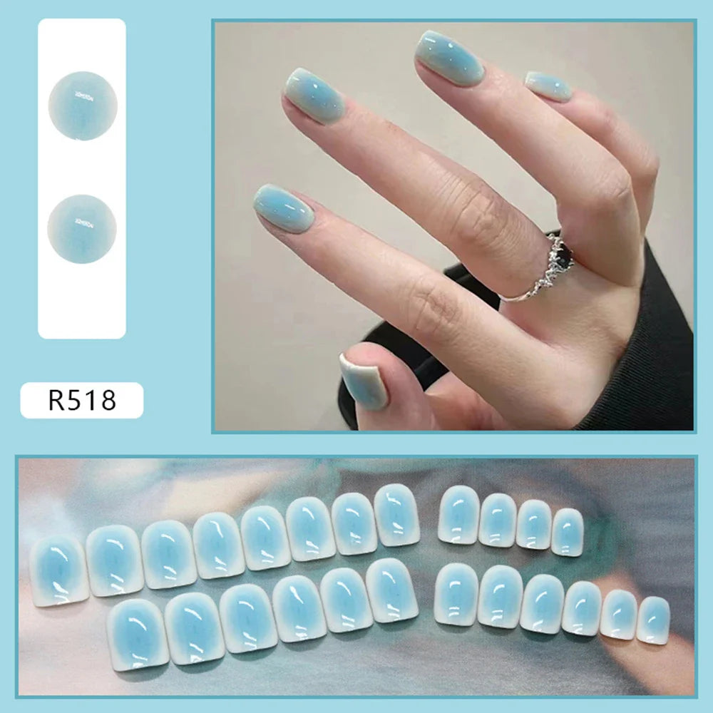 24pcs Gradient False Nails Cute Star Printed Design Fake Nail Short Square Faux Ongles Manicure Nail Stickers Press On Nail Tips