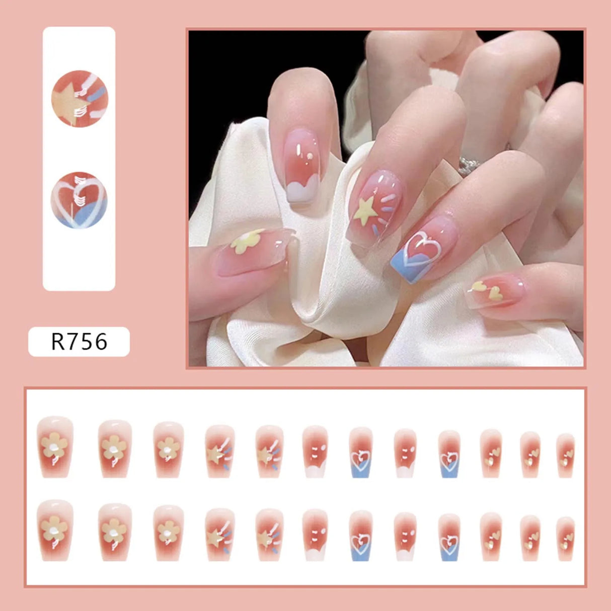 24pcs Gradient False Nails Cute Star Printed Design Fake Nail Short Square Faux Ongles Manicure Nail Stickers Press On Nail Tips