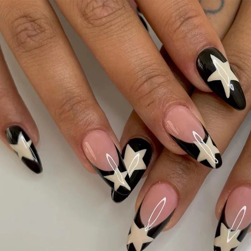 24pcs/box Fake French y2k Nails Press On Long Stiletto Almond Shape Wearable False Nails With Stars Designs Full Cover Nail Tips