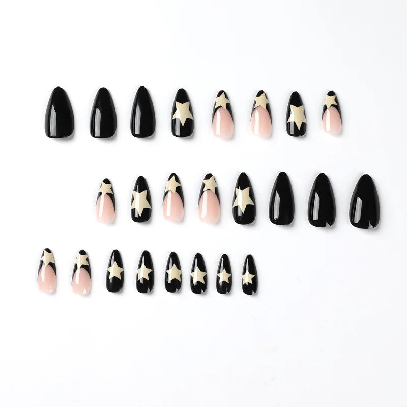 24pcs/box Fake French y2k Nails Press On Long Stiletto Almond Shape Wearable False Nails With Stars Designs Full Cover Nail Tips