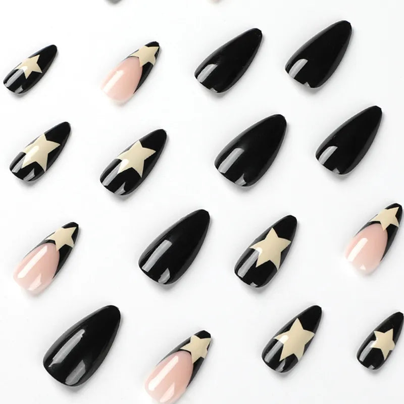 24pcs/box Fake French y2k Nails Press On Long Stiletto Almond Shape Wearable False Nails With Stars Designs Full Cover Nail Tips