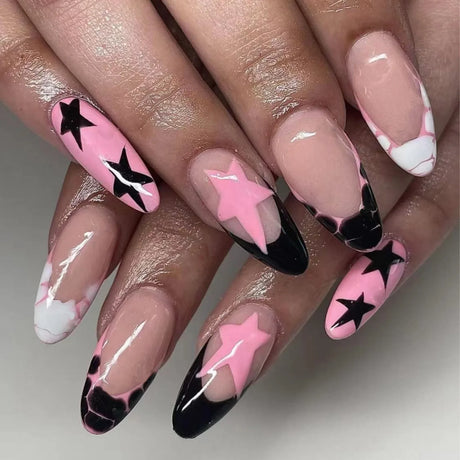 24pcs/box Fake French y2k Nails Press On Long Stiletto Almond Shape Wearable False Nails With Stars Designs Full Cover Nail Tips