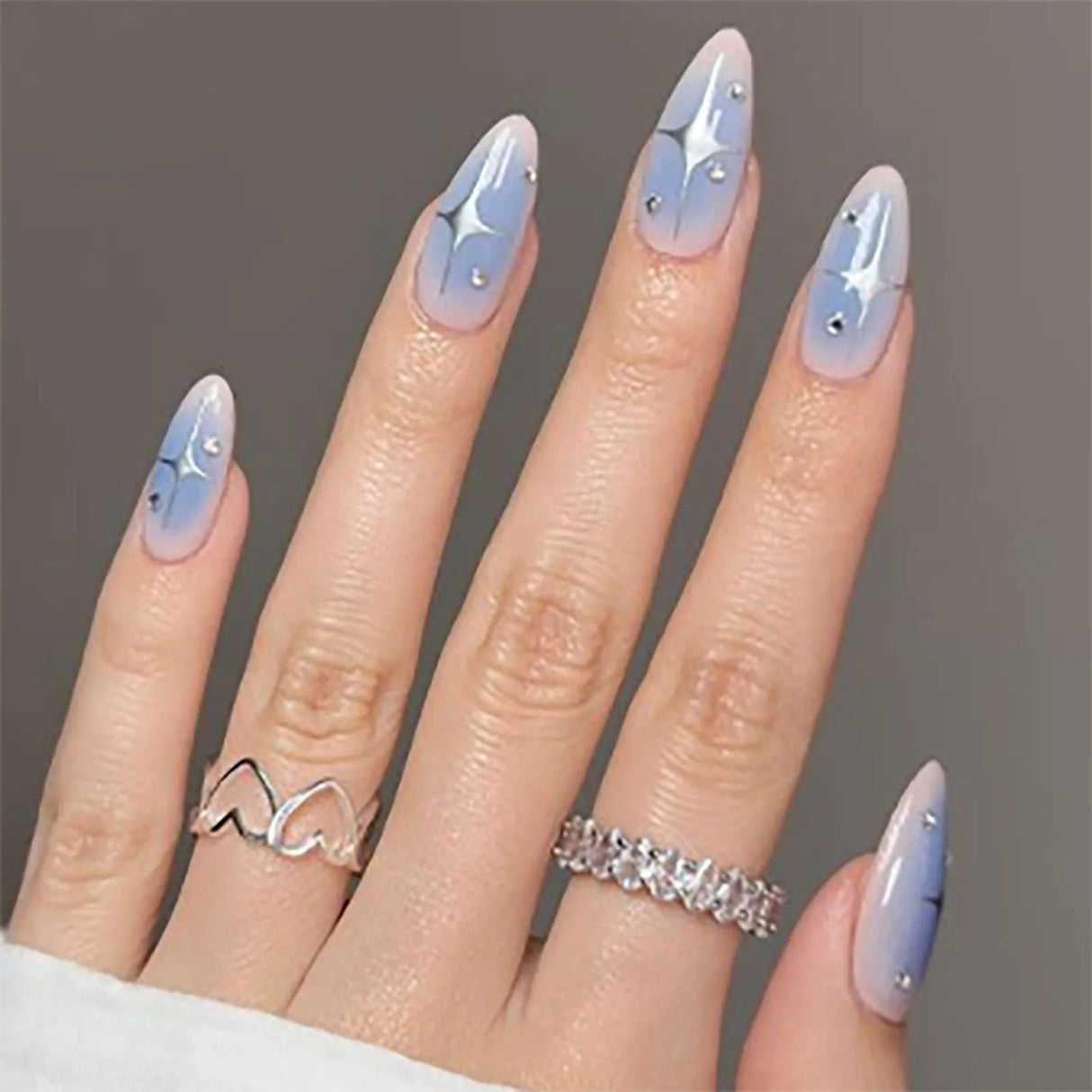 24pcs/box Fake French y2k Nails Press On Long Stiletto Almond Shape Wearable False Nails With Stars Designs Full Cover Nail Tips