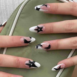 24pcs/box Fake French y2k Nails Press On Long Stiletto Almond Shape Wearable False Nails With Stars Designs Full Cover Nail Tips