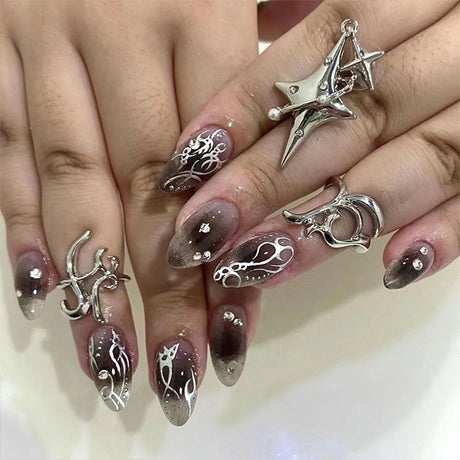 24pcs/box Fake French y2k Nails Press On Long Stiletto Almond Shape Wearable False Nails With Stars Designs Full Cover Nail Tips