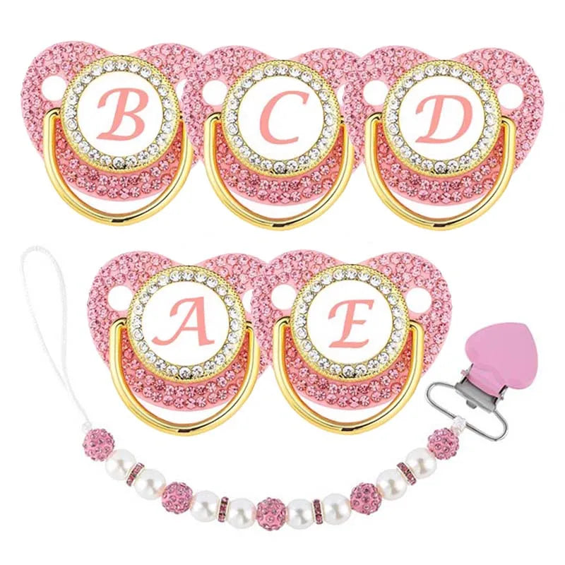 26 Letters Baby Pacifier Beaded Chain Clip Cover Set Luxury Pink Zircon Silicone Pacifiers Newborn Initials Teether Nipple Gifts