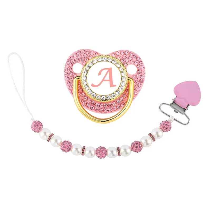 26 Letters Baby Pacifier Beaded Chain Clip Cover Set Luxury Pink Zircon Silicone Pacifiers Newborn Initials Teether Nipple Gifts