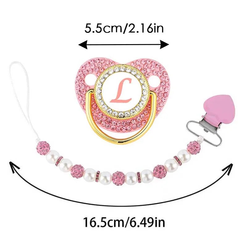 26 Letters Baby Pacifier Beaded Chain Clip Cover Set Luxury Pink Zircon Silicone Pacifiers Newborn Initials Teether Nipple Gifts