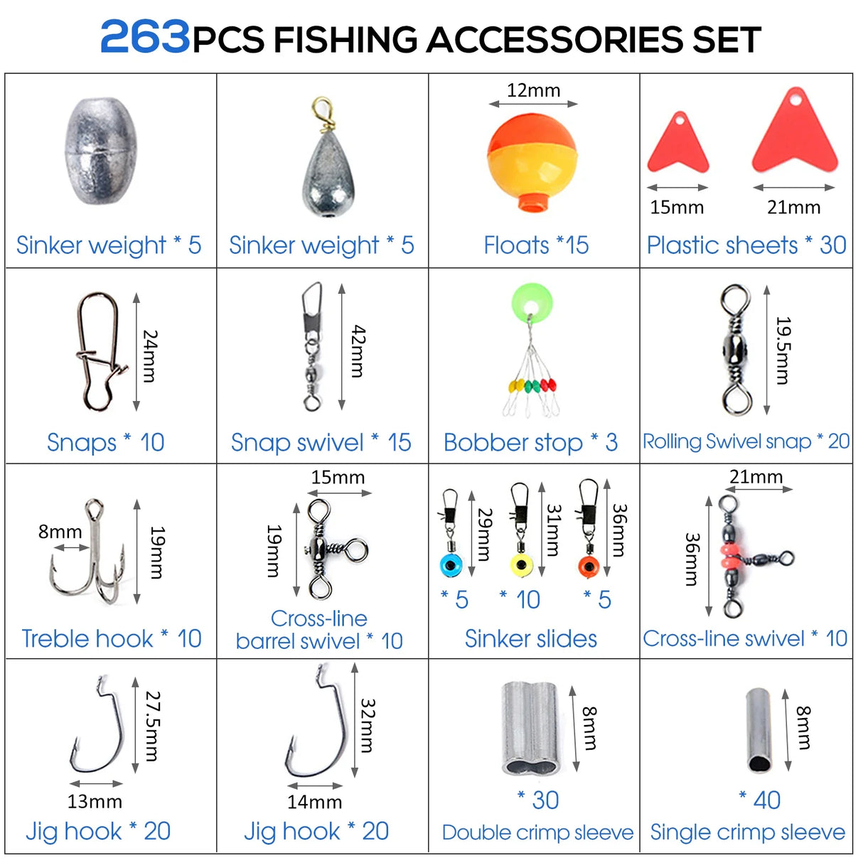 263pcs Outdoor Fishing Accessories Set with Tackle Box Including Plier Jig Hooks Sinker Weight Swivels Snaps Sinker Slides Kit