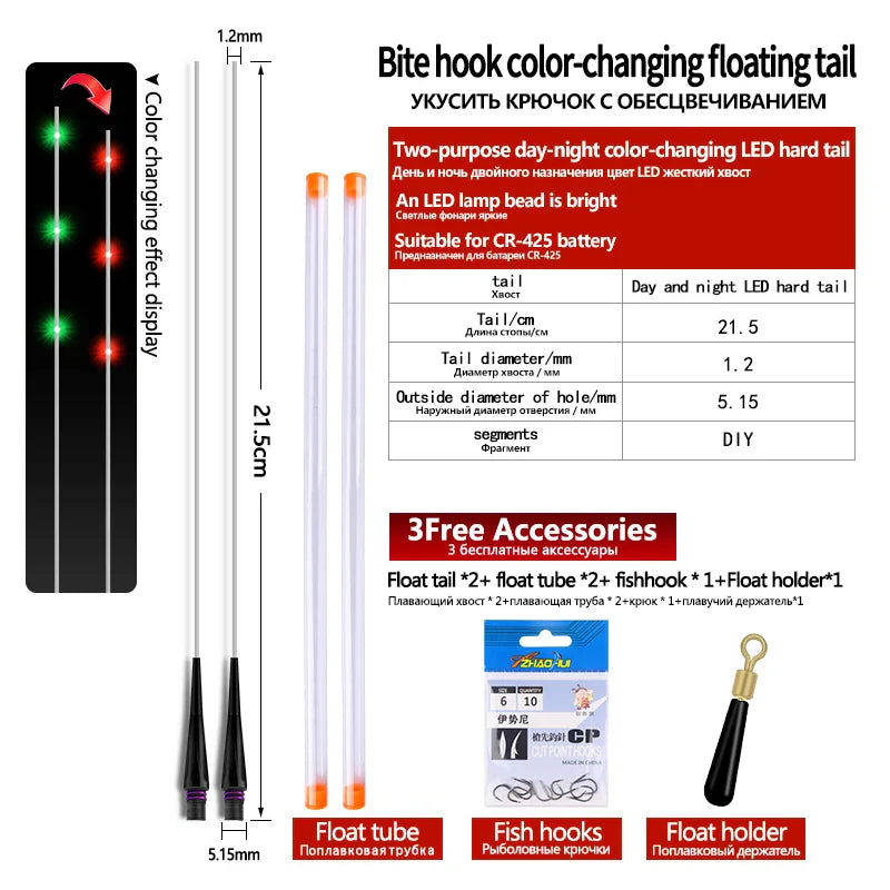 2PCS LED Gravity Sensor Color Change Float Tails+2 Float Tubes+1 Bag Hooks+1 Float Seat Bright LED Light Buoy Fresh Water Tails