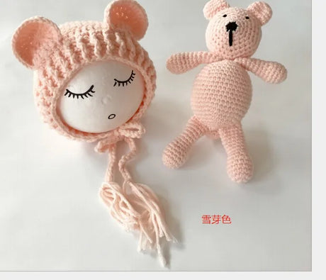 2PCS Newborn Photography Prop Baby Beanie Caps Dolls Toys Girls Boys Infant Baby Crochet Knitted Hat Photoshoot Accessories