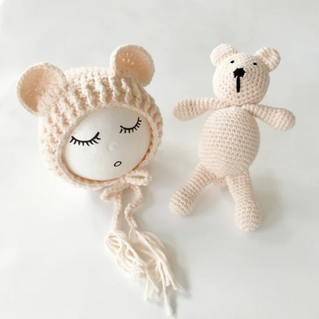 2PCS Newborn Photography Prop Baby Beanie Caps Dolls Toys Girls Boys Infant Baby Crochet Knitted Hat Photoshoot Accessories