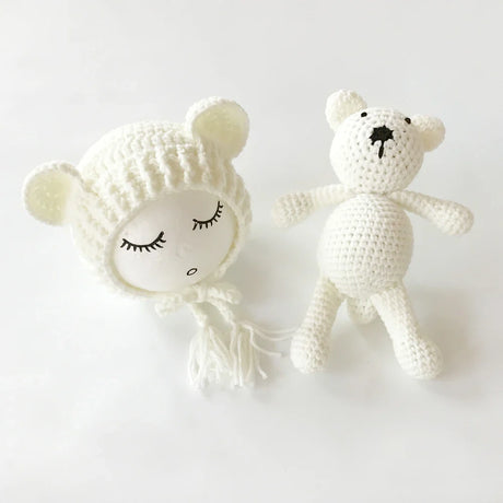 2PCS Newborn Photography Prop Baby Beanie Caps Dolls Toys Girls Boys Infant Baby Crochet Knitted Hat Photoshoot Accessories