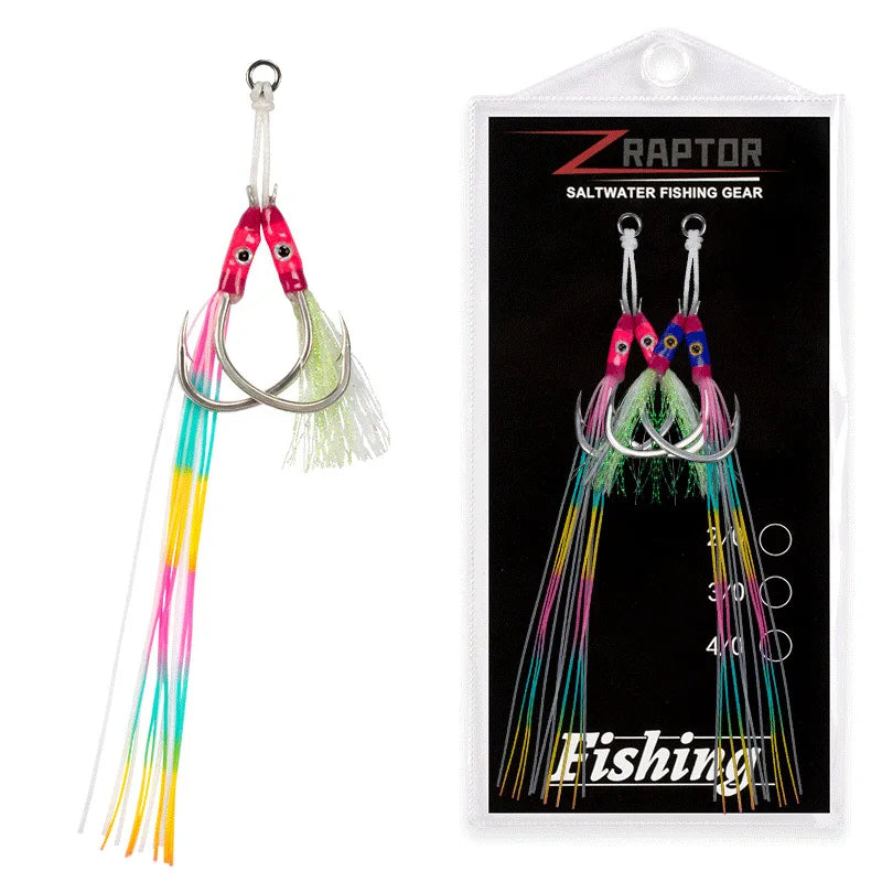 2Pair Assist Hook High Carbon Slow Sinking Jig Hook Colorful Rubber Skirts UV Glow Ocean Boat Barbed Assist Fish Hooks Pesca