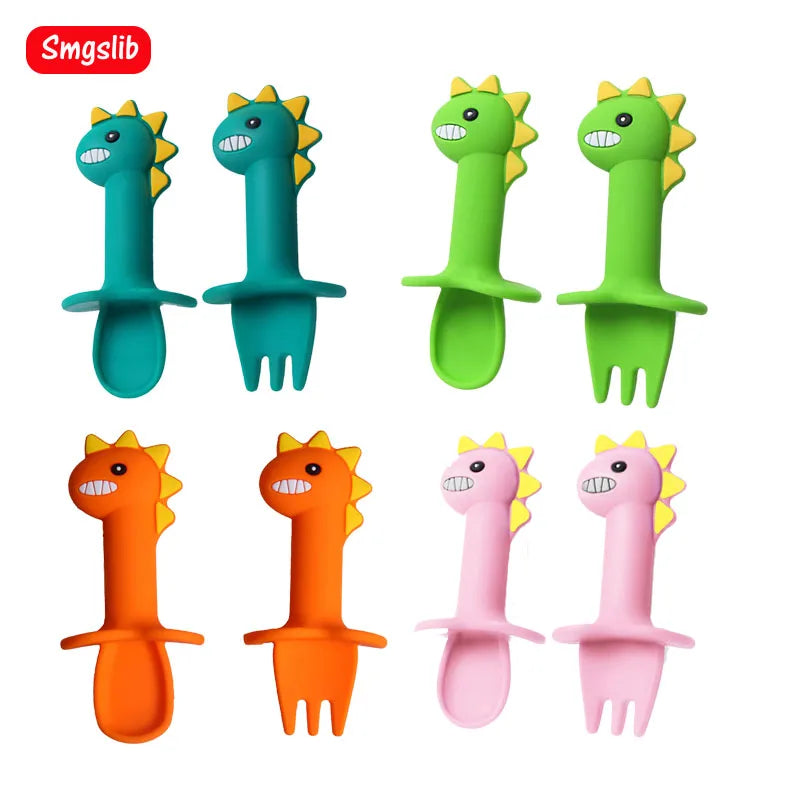 2Pcs/Set Baby Learn Spoon Fork Set Short Easy Spoon Cartoon Dinosaur Silicone Teether Toys Anti-slip Feeding Training Utensils