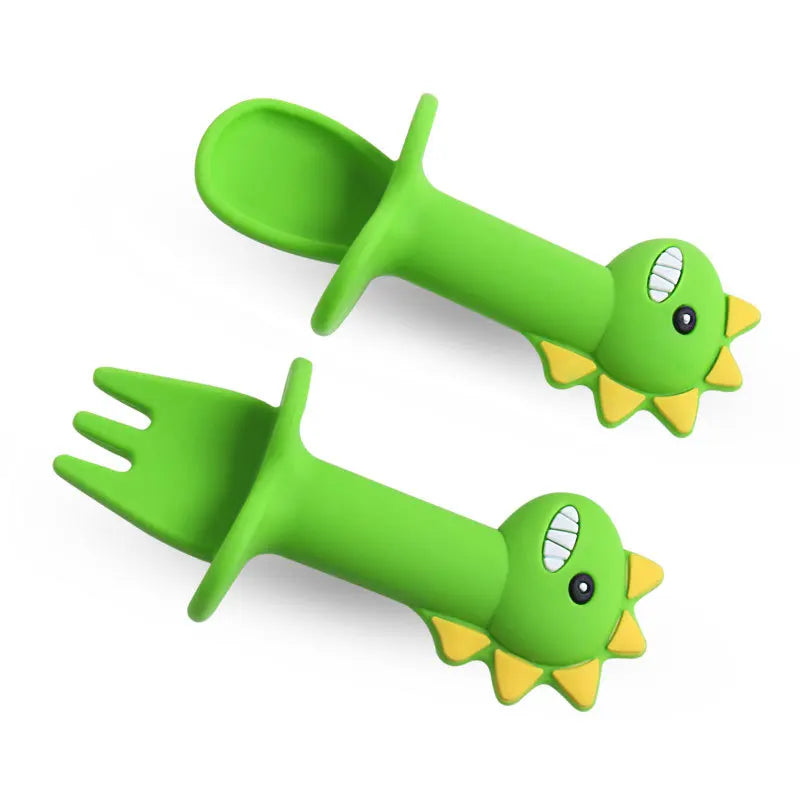 2Pcs/Set Baby Learn Spoon Fork Set Short Easy Spoon Cartoon Dinosaur Silicone Teether Toys Anti-slip Feeding Training Utensils