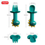 2Pcs/Set Baby Learn Spoon Fork Set Short Easy Spoon Cartoon Dinosaur Silicone Teether Toys Anti-slip Feeding Training Utensils