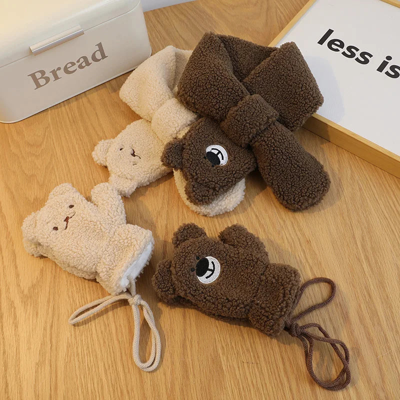 2Pcs Winter Baby Scarf Gloves Set Lamb Wool Thick Kids Scarves Mittens Suit for Girl Boy Cartoon Bear Bunny Children Neck Warmer