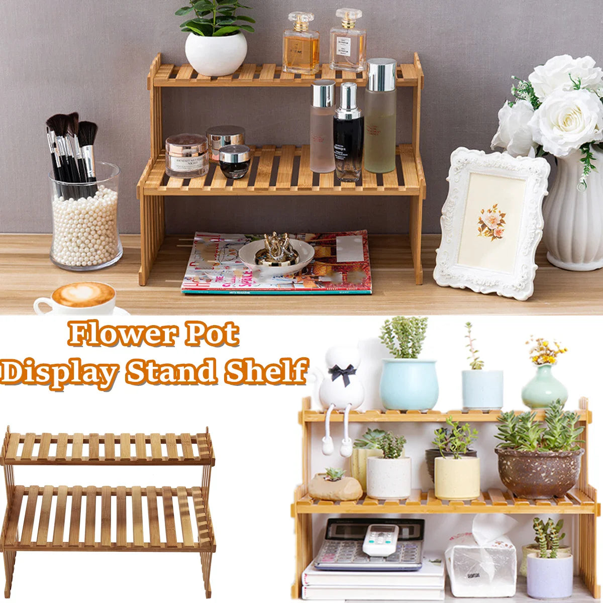 2Tier Simple Modern Decorative Natural Bamboo Flower Pot Plant Display Stand Shelf,Books Kitchen Household Supplies Storage Rack