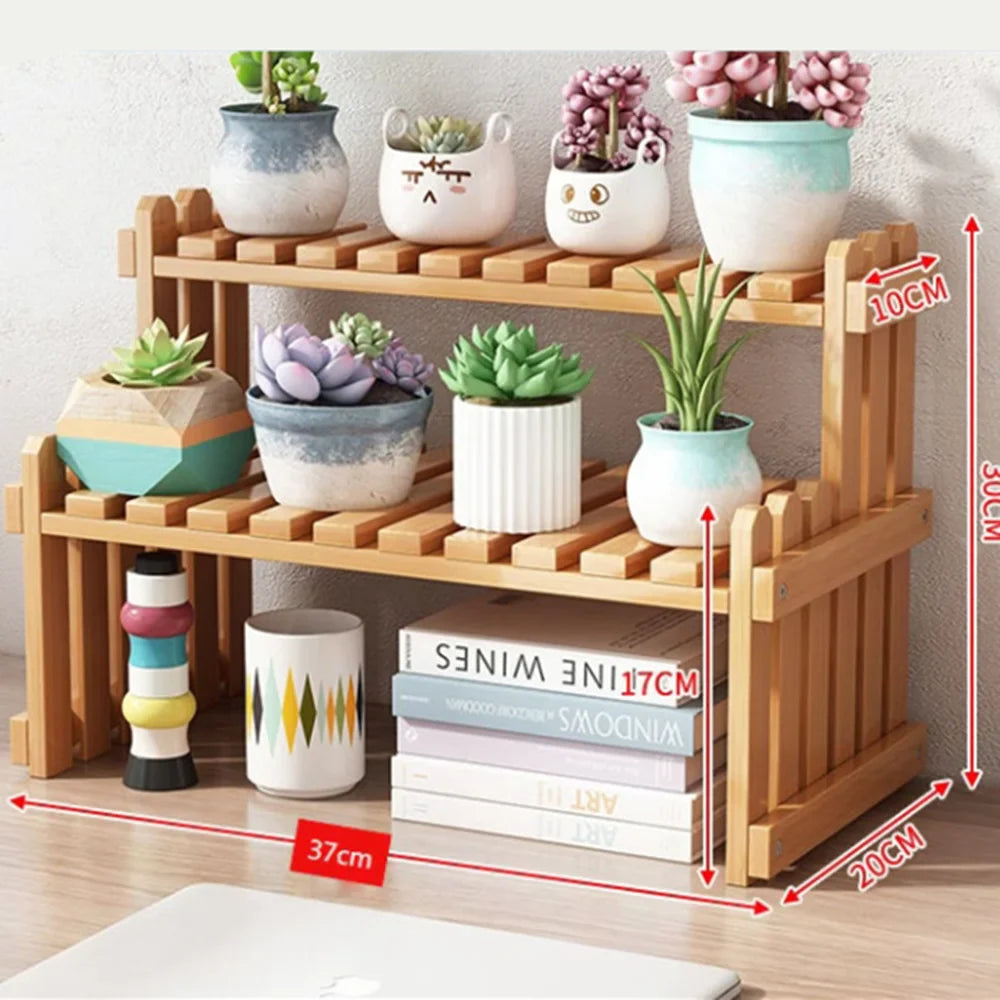 2Tier Simple Modern Decorative Natural Bamboo Flower Pot Plant Display Stand Shelf,Books Kitchen Household Supplies Storage Rack