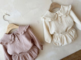 2pcs Newborn Baby Girls Clothes Organic Cotton Ruffled Collar Lapel Long Sleeve Shirt Top + Bread Pants Korean Casual Clothing