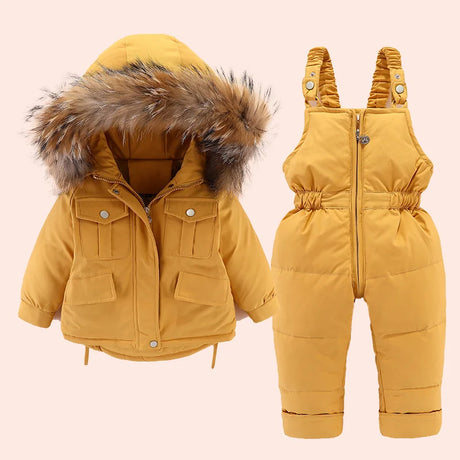 2pcs Set Baby Girl winter down jacket and jumpsuit for children Thicken Warm fur collar jacket for girls Infant snowsuit 0-6Year