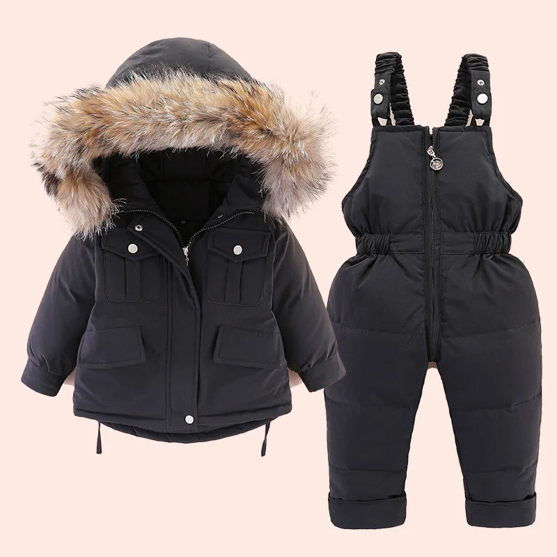 2pcs Set Baby Girl winter down jacket and jumpsuit for children Thicken Warm fur collar jacket for girls Infant snowsuit 0-6Year