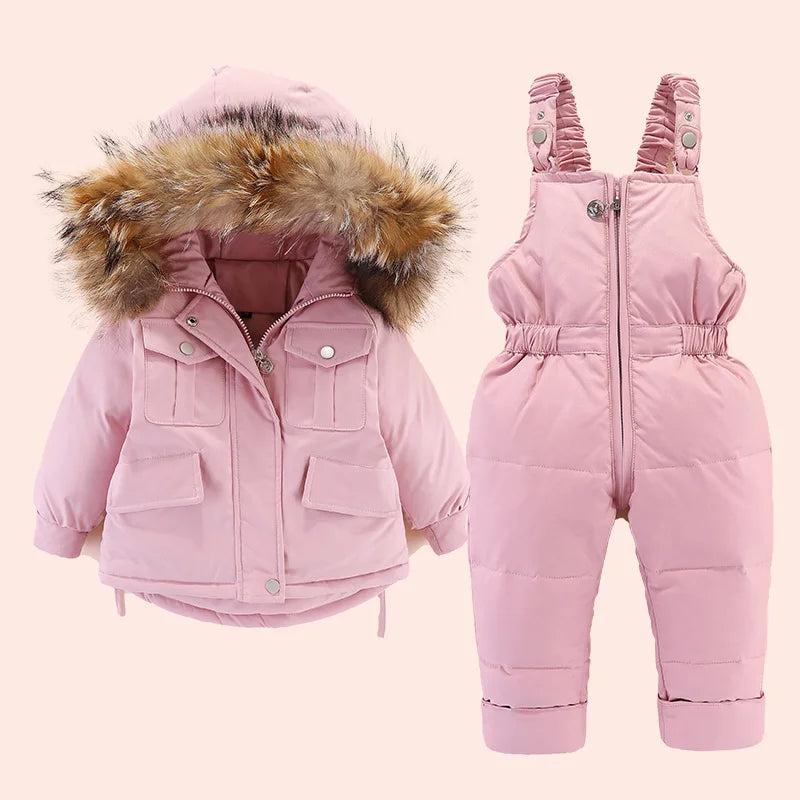 2pcs Set Baby Girl winter down jacket and jumpsuit for children Thicken Warm fur collar jacket for girls Infant snowsuit 0-6Year