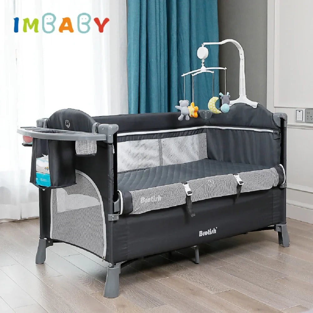 3 In 1 Cradle Foldable Baby Crib Adaptable To Splicing Large Bed Pendulum Cradle Playpen Diaper Changing Table With Bed Bell Toy