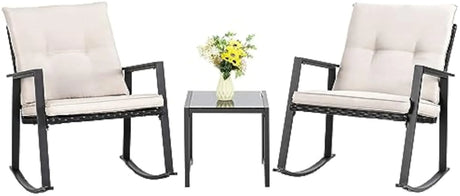 3 Piece Wicker Rocking Chair Outdoor Bistro Sets with Coffee Table and Cushions Metal Frame Patio Furniture（Beige）