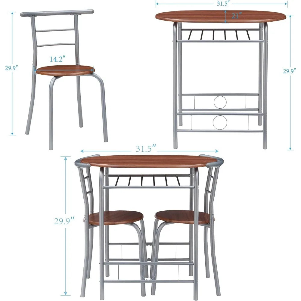 3 Pieces Dining Set for 2 Small Kitchen Table Set Wooden Chairs and Table Set for Apartment Dining Room with Metal Frame ,Brown