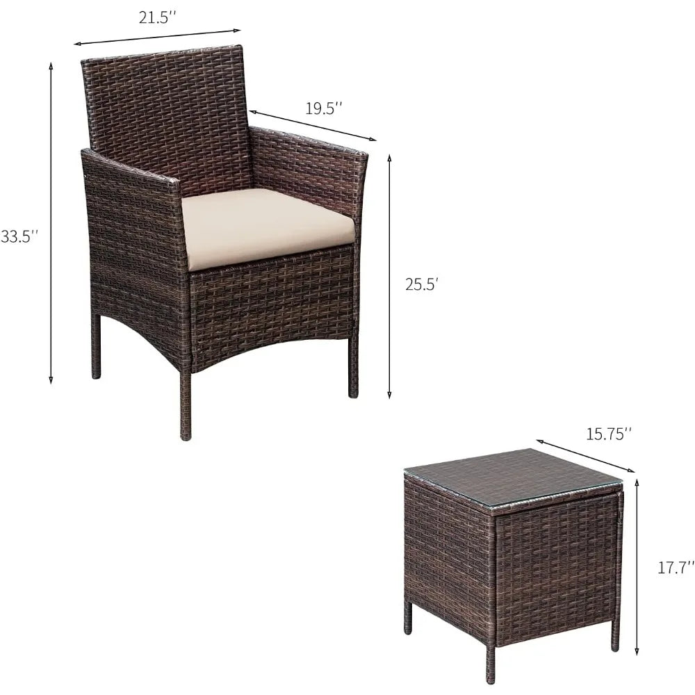 3 Pieces Patio Furniture PE Rattan Wicker Chair Conversation Set, 26.6x12.1x19.3 inches, Assemble Easily, Sturdy&Durable