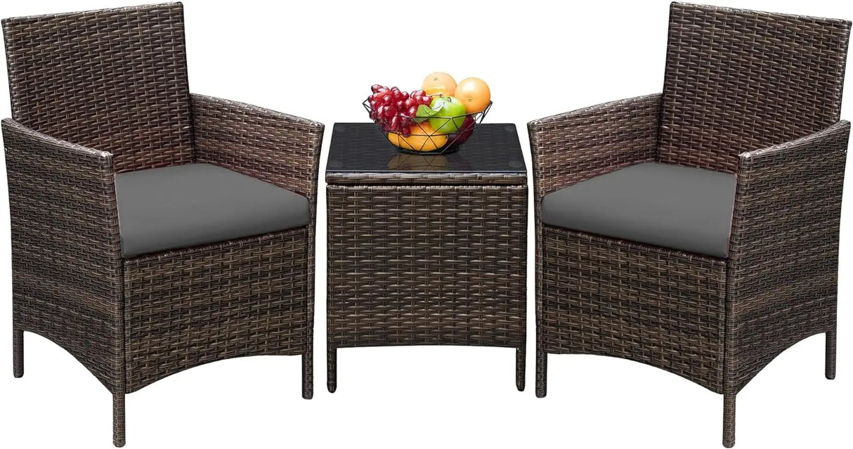 3 Pieces Patio Furniture PE Rattan Wicker Chair Conversation Set, 26.6x12.1x19.3 inches, Assemble Easily, Sturdy&Durable