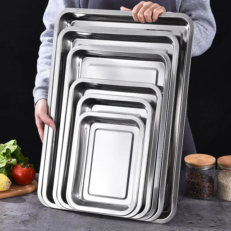 304 Stainless Steel Barbecue Tea Storage Serving Trays Rectangle Steamed Rice Sausage Plate Grill Meat Restaurant Metal Utensils