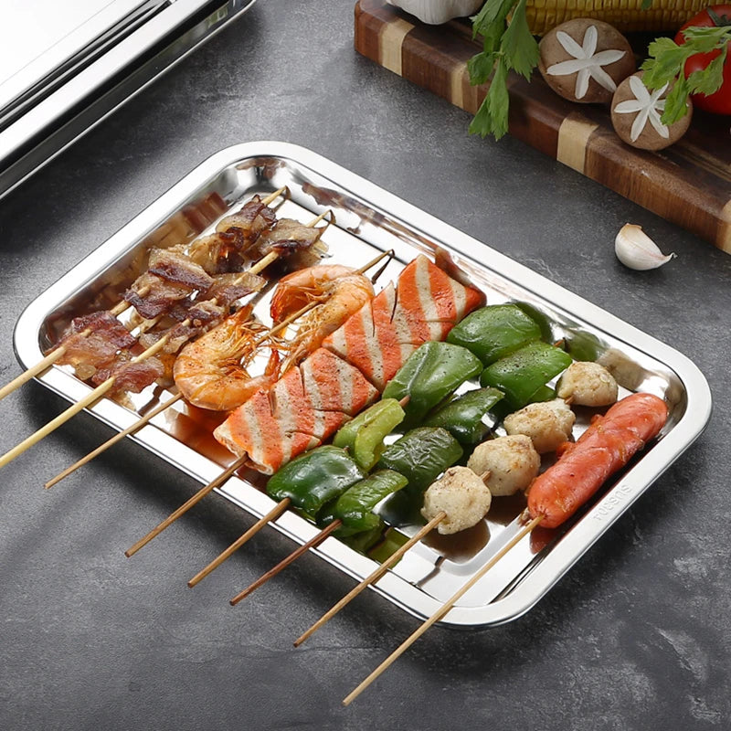 304 Stainless Steel Barbecue Tea Storage Serving Trays Rectangle Steamed Rice Sausage Plate Grill Meat Restaurant Metal Utensils