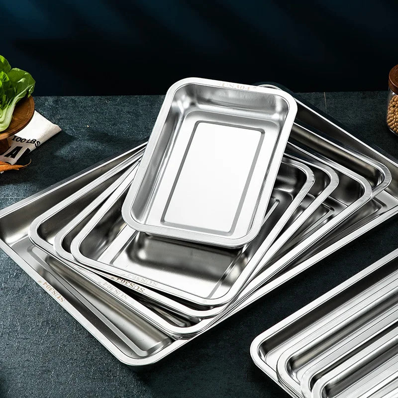 304 Stainless Steel Barbecue Tea Storage Serving Trays Rectangle Steamed Rice Sausage Plate Grill Meat Restaurant Metal Utensils