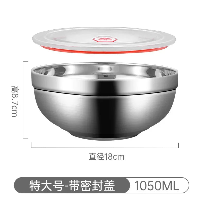 304 Stainless Steel Double Layer Bowls with Lid Kitchen Soup Ramen Noodles Bowl Food Containers Home Restaurant Korean Tableware